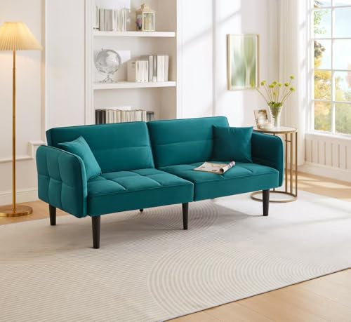 sogesfurniture 2-in-1 Verstellbares Schlafsofa mit Schlaffunktion, 2 Sitzer, Polstersofa mit Samtbezug, klappbaren Armlehnen, Gästebett Tagesbett für Wohnzimmer, Schlafzimmer, Büro (Antikes Grün)
