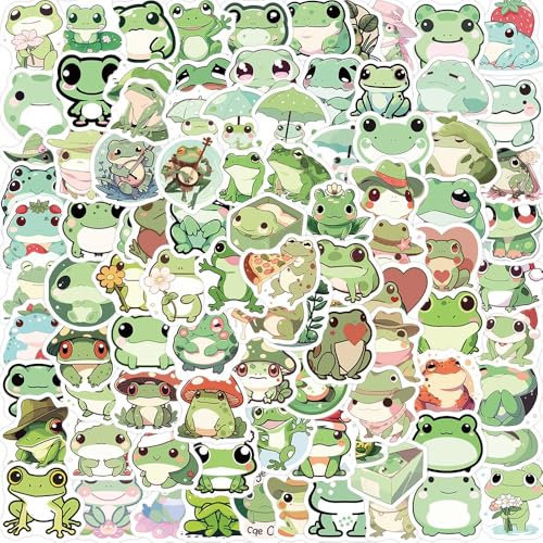 100 Pieces Cute Frog Stickers Waterproof Vinyl Stickers - Cartoon Frog Accessories for Laptop, Hydro Flask, Gift for Kids Teens Birthday Party Decor