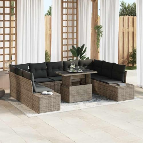 Kaloriko Modulares Gartensofa-Set mit Kissen, 10-teilig, Grau, Poly-Rattan, höhenverstellbarer Tisch für Terrasse und Garten, langlebiges Outdoor-Möbelset