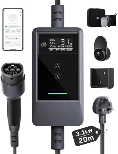 dé EV Charger 3 Pin Plug 20m with App, 3kW Electric Car Charger Type 2