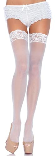 Leg Avenue Women's Queen Sheer Thigh Highs with Lace Top,White