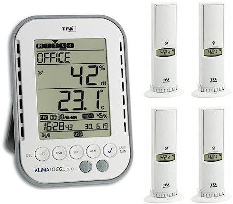 TFA Dostmann Kirchenorgel-Überwachungsset Klimalogg Pro Plus 30.3039.Plus Weiss incl. 4 Stück Temperatur Luftfeuchtesender 30.3180