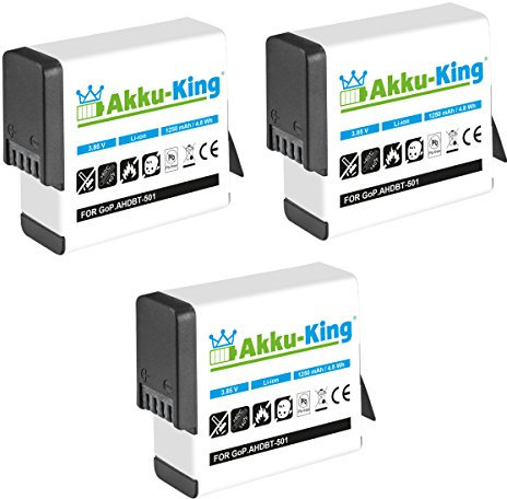 3 x Akku-King Akku kompatibel mit AHDBT-501 AHDBT-801 - Li-Ion 1250mAh - für GoPro Hero 8 Black, Hero 7 Black, Hero 6 Black, Hero 5 Black