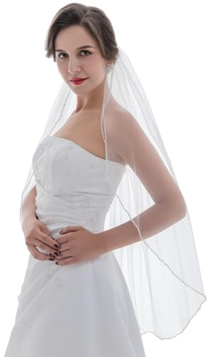 SAMKY 1T 1 Tier Pearls Bugle Beaded Bridal Wedding Veil
