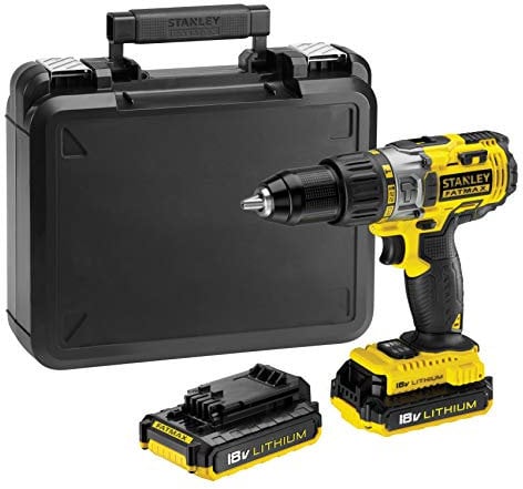 Stanley FATMAX Schlagbohrmaschine, 18 V, Lithium-Ion, Bohrfutter mit einer Hand, variable Geschwindigkeit, LED-Bund, Gürtelclip, mit 1 Koffer mit 2 Akkus, 18 V, 1,3 Ah, 1 Ladegerät FMC626C2K-QW