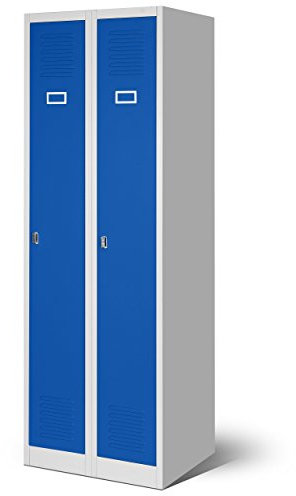 Jan Nowak Spind Schrank, Kleiderschrank, Metallschrank, Schließfachschrank | 2 Abteile mit Kleiderstange, Lüftungsschlitze, Trennwände, 4 Kleiderhaken pro Abteil | 180 cm x 60 cm x 50 cm, Grau-Blau