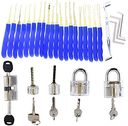 TPM Go Lot de 5 cadenas transparents avec 24 outils de crochetage pour serrurier professionnel (bleu).