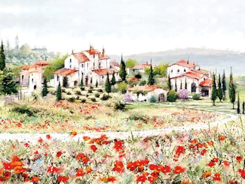 Leinwandbild Red Meadow Wasserfarben 60 x 80 cm I Wandbild Natur Wiese rote Blumenwiese Finca Blumen I Bild Wohnzimmer Schlafzimmer Esszimmer Leinwand I Bild groß I Verschiedene Motive & Größen