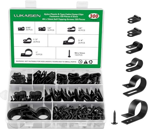 300 Pezzi 4,76mm/6,35mm/9,53mm/12,7mm/19mm/25,4mm R-tipo Cavo Clip Fascetta, Morsetti per Cavi in Nylon Tipo R con 150Pezzi M4 Viti, per la Gestione dei Fili (Nero)