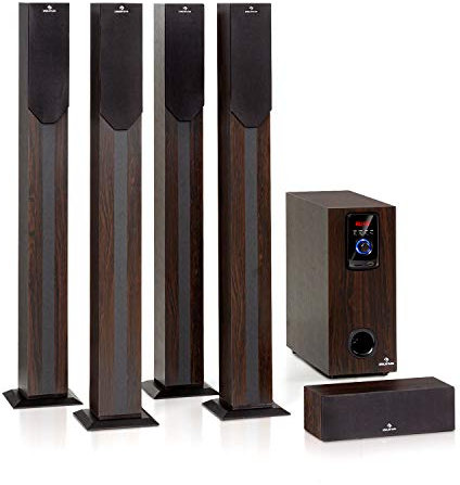 Auna Areal Elegance - Sistema Home Cinema 5.1, Subwoofer 5, 5 Altavoces satélite (3+5), Potencia 190 W, Bluetooth, Puerto USB/SD, AUX, Pantalla LED, Mando a Distancia, Estética Madera, Marrón