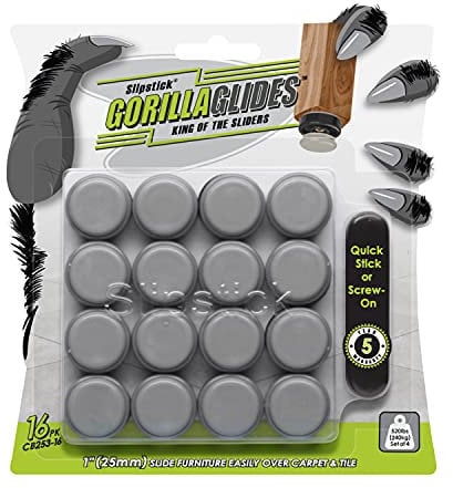 GorillaGlides 25mm Chair Sliders/Furniture Floor Protectors (16 Furniture Glides) Self-Adhesive Screw On Chair Glides for Sliding on Low-Pile Carpet & Hard Surface Floors, Round