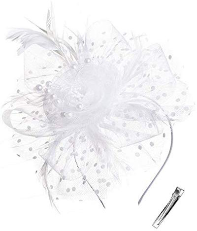 OUHO Damen Fascinator Hut Blume Mesh Federn Clip Kopfschmuck Haarschmuck für Party Kirche Hochzeit Cocktail Jockey Club weiß