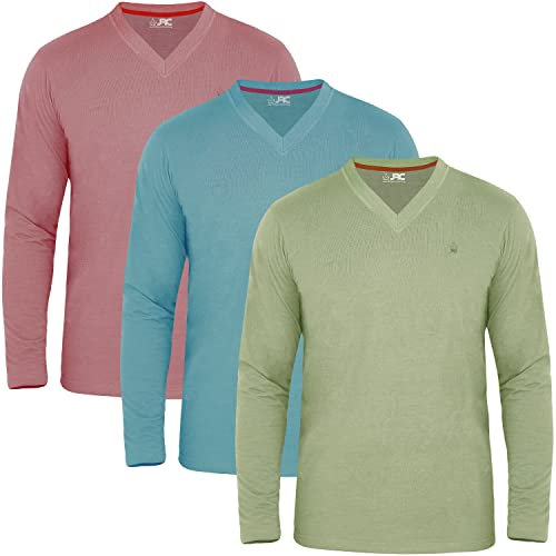 JRC Just Royal Clothing Pack of 3 Mens Long Sleeve V-Neck T-Shirts, Casual Vee Neck Tops (Sage, Stone Blue, Mouve, XL)