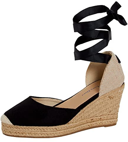 Sandalias de cuña de esparto para mujeres Sandalias de esparto de cuña para mujeres de cuña de hessian Sandalias de cuña de esparto de mujer con tiras de pierna atadas al tobillo, Negro, 36 EU
