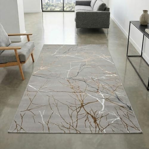 CARPETIA Teppich Zweigdesign Grau Gold mit Glanzeffekt 80x150 cm | Weich, pflegeleicht, schmutzabweisend und strapazierfähig, mit Glanzeffekt, OEKO-TEX geprüft, für Wohn- & Flurbereiche