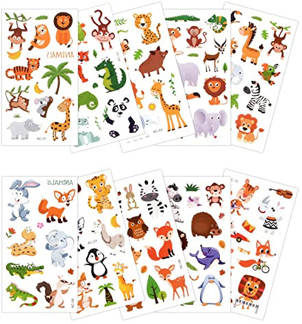 10 Blätter Tattoo Tier Set Kinder Tattoos Wald Tier Tattoos Aufkleber Temporäre Kindertattoos Aufkleber Wasserdicht Zoo Party Dekorationen Tattoos Tattoo-Aufkleber für Kinderpartys