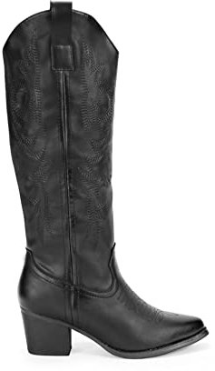 BOSANOVA Stivali stile cowboy in canna alta con dettaglio cucito decorativo sulla canna a tono, tacco 5,5 cm e chiusura con cerniera. Scarpe da donna, Nero , 37 EU