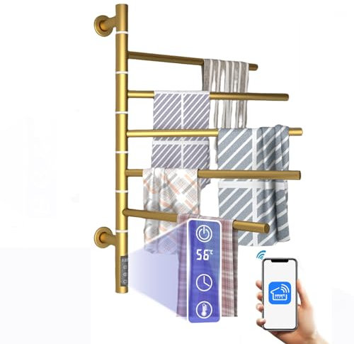 Scaldasalviette Elettrico Wifi con 5 Barre Portasciugamano Girevole a 180°, 42*66mm 45W Portasciugamani Elettrico Intelligente con Temporizzatori e Termostati, Termoarredo Elettrico a Parete, Oro