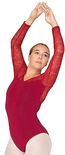 tanzmuster Ballett Trikot Damen Langarm - Britta - Baumwolle - BH-Pad-Einschub - Ärmel aus Spitze - burgunder 40 - roter Tanz Body - Ballettkleidung für Erwachsene