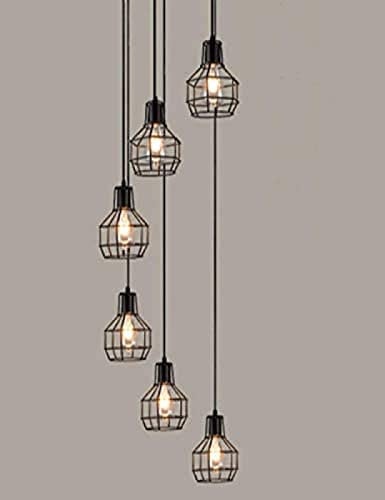POUR 6 Lights Retro Industrial Stairs Chandelier Loft Nordic Style Chandeliers Duplex Stair Pendant Light Wrought Iron Long Chandelier Restaurant Living Room Ceiling Lamp Black,B,3POUR3