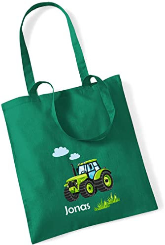 minimutz Jutebeutel Jungen Traktor Trekker | Stofftasche aus Baumwolle Kinder | Kinderbeutel Tragetasche für Kita Kindergarten Wechselwäsche (mittelgrün)