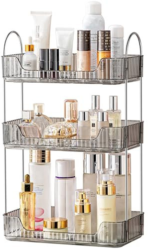 Bathroom Organiser Countertop, Vanity Trays for Bathroom, Skincare Makeup Organiser Shelf, Vanity Organiser, Bathroom Counter Shelf for Cosmetics, Toiletries, Lotions, Perfumes (3 Tiers, Grey)