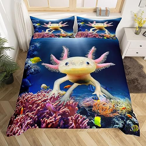 Nette Axolotl Bettbezug Set S Größe, Fisch Meeresleben Bettwäsche Set für Kinder Teens Mädchen Zimmer Dekor, Cartoon Tier Thema Tröster Abdeckung Sea Blue Quilt Cover mit 1 Kissenbezug