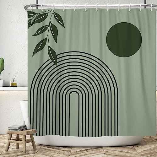 ASDCXZ Rideau de Douche Boho 180x200 cm, Art Abstrait Moderne Feuilles Vertes Ligne de Soleil Vert Sauge Lavables en Textile Rideau de Bain imperméable pour Baignoire avec 12 Crochets