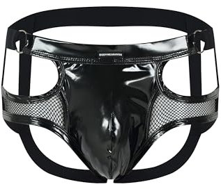 Herren Leder Jock Brief Ouvert Netz transparent mit Lack Optik Kunstleder, Unterwäsche für Männer, Men Underwear bequemer String (DE/NL/SE/PL, Alphanumerisch, XXL, Regular, Regular, Schwarz-Lack)
