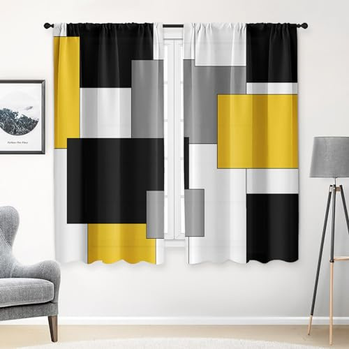 Tayney Gelbe Küchenvorhänge, 160 cm Länge, geometrische Fenstervorhänge über dem Waschbecken, 2 Stück, schwarz-grau-weißer Vorhang für Schlafzimmer, Wohnzimmer, moderne abstrakte Küchendekoration, 106