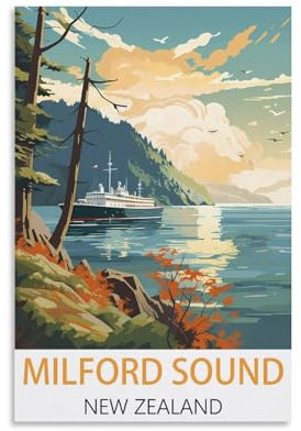 Milford Sound New Zealand Vintage-Reiseposter, 20 x 30 cm, Leinwand-Kunst, Poster und Wandkunst, Bild, Druck, Schlafzimmer-Dekor