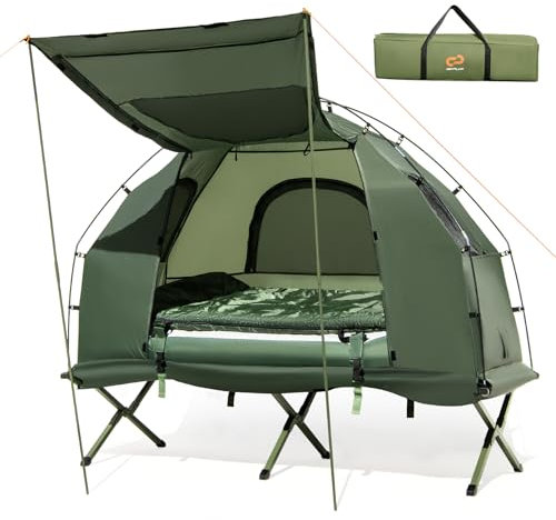 COSTWAY Feldbett mit Zelt, Campingbett mit Vorzelt, Luftmatratze, Schlafsack & Kissen, Campingliege mit Tragetasche, 194 x 87 x 167 cm