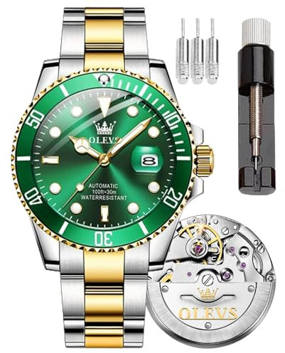 OLEVS Herrenuhr Großes Zifferblatt Datum Wasserdicht Mechanische Uhr Edelstahl Night Glow Luxus Vollautomatische Mechanische Uhr, 6650 - Goldgrün, Modern