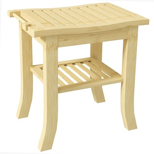 HOMCOM Tabouret Banc de Douche en Bambou avec étagère de Rangement, Porte-Serviettes dim. 42L x 29l x 43H cm, Naturel