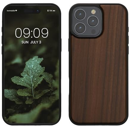 kwmobile Custodia Compatibile con Apple iPhone 16 Pro Max Cover - Protezione in Legno per Smartphone - Back Case con Bumper in Silicone TPU - marrone scuro