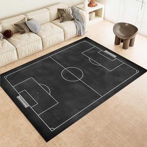 Schwarz Teppiche Spielfeld-Design, Geometrie-Fußballfeld Wohnzimmer Teppich, rutschfeste Kinderteppich fur Wohnzimmer Schlafzimmer & Kinderzimmer Moderner Teppich 80x150 cm