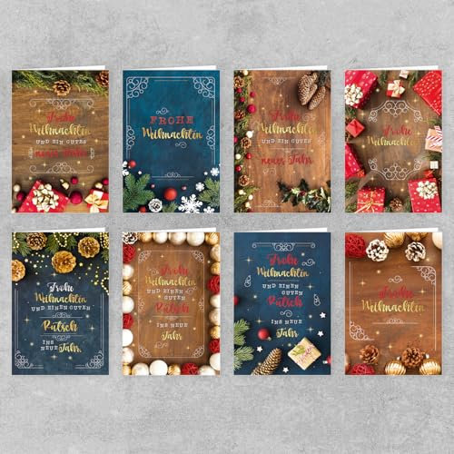 Weihnachtskarten mit Umschlag Set 50 Stück | Grußkarten für Weihnachtsgrüße, 8 verschiedene Motive | Frohe Weihnachten Klappkarte, BasicLine 11,5x17,5cm