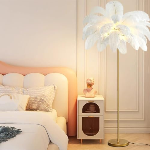 DFKGLCRR Elegant and Creative Feather Floor Lamp, Gold Tree Shaped Feather Floor Lamp Living Room Lamp Gorgeous Hotel Decoration Modern Wedding Lamp (White)