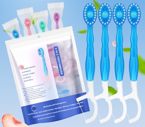 Vonmerie 10 Stück Einweg-Zahnbürsten mit Zahnpasta, 5 in 1 (vorgebunden | Zahnseide | Zungenschaber | Frischer Atem | Zahnstocher) Mini-Zahnbürste,vorpastete Zahnbürste für,Perle Minzgeschmack