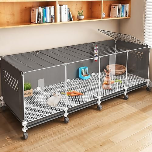 Cage À Lapin D'intérieur, Cage À Lapin Ornementale Transparente, Clapier Spécial Lapin D'intérieur Grand Espace, avec Plateau et Roues Universelles(Black)