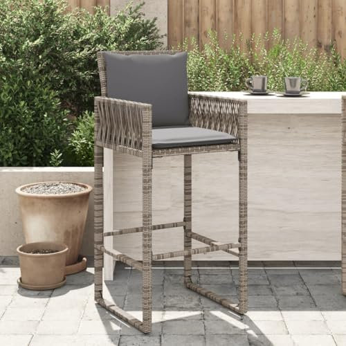 ZEYUAN Garten-Barhocker mit Kissen 2 STK. Grau Poly Rattan, Barhocker Outdoor Wetterfest, Barstühle, Balkonstuhl, Gartenstuhl - 368707