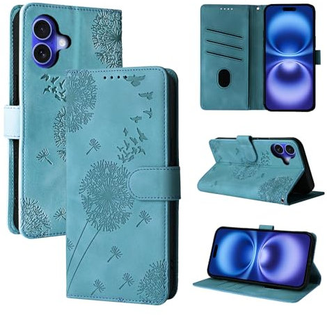 Rostsant Handyhülle für iPhone 16 Löwenzahn PU Leder iPhone 16 Flip Case Brieftasche Tasche Hülle Magnetisch Handyhülle für iPhone 16 Blau