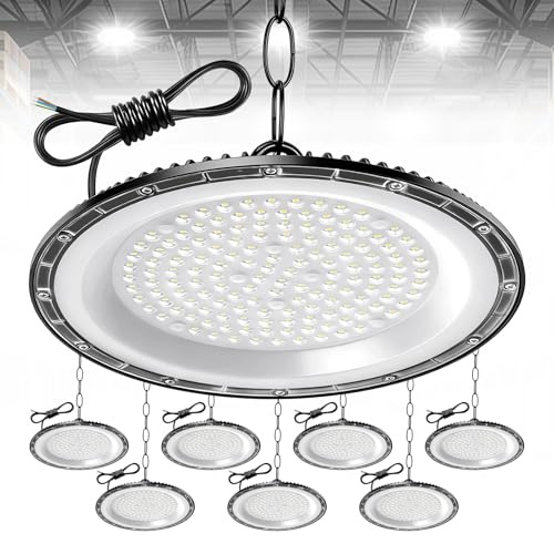 8Pack 200W UFO LED High Bay Light, Hallenstrahler 20000LM, 6500K Kaltweiß UFO LED Werkstattlampe, IP65 Wasserdichte LED Werkstatt Deckenleuchte für Fabriken,Garage,Lagerhaus