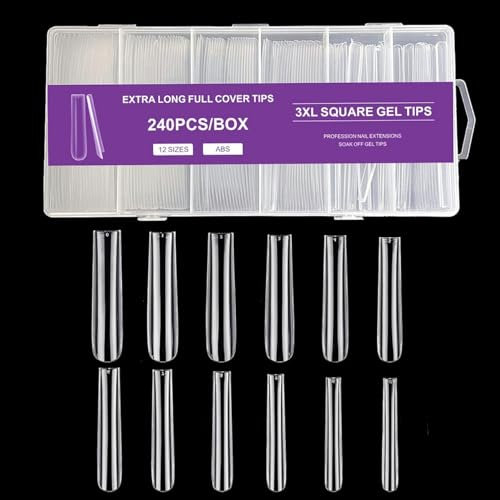 JZK 240x XXXL Clear false nails set, extra long full cover tapered square nail tips for acrylic and gel nails, 3XL transparent fake finger nail extension, manicure salon, DIY press on nail art