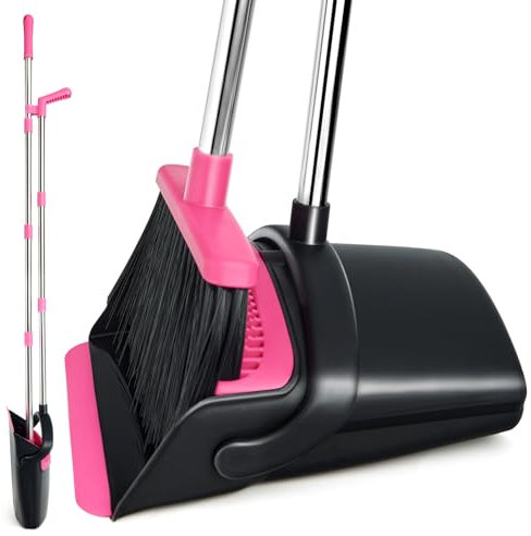 XXFLOWER Broom and Dustpan Set, Long Handle Lightweight Dustpans with Broom Combo for Home, Indoor&Outdoor Sweeping for Home Room Kitchen Office Lobby (Black Pink)