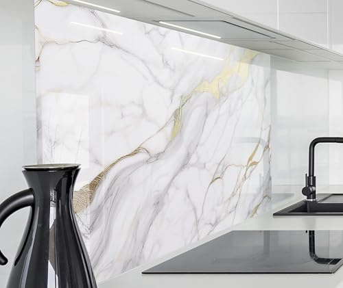 timalo Spritzschutz Wand für Herd, Küche Küchenrückwand Glasoptik | Acryl Glas 2mm | Glasrückwand Acrylglas Wandpaneele Küchenspiegel | 160x50cm Weißer Marmor mit Gold