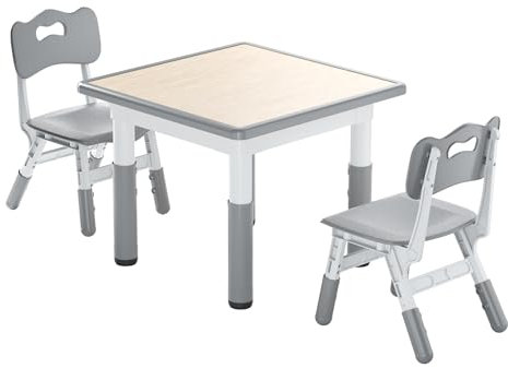 NAIZY 60x60cm Kindertisch mit 2 Stühlen Höhenverstellbar Kinder Tisch Stuhl Set HDPE+ABS Kindermöbel inkl. Kinderstuhl Kindersitzgruppe 100KG Tragfähigkeit, für Jungen Mädchen ab 2 Jahre