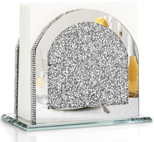 Hebaogugu Kristall-Serviettenhalter, verspiegelter Serviettenspender, vertikaler Serviettenhalter, glitzerndes Kchen- und Esstisch-Dekor-Zubehr mit beschwertem Boden, Silber, Modern, Glas