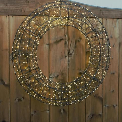 Indoor or Outdoor Pre-Lit Micro LED Twinkling Wreath with 5m Lead & Timer - Mains Powered Warm White Door, Wall or Window Light Up Hanging Round Festive Christmas Xmas Decoration – 58cm Diameter