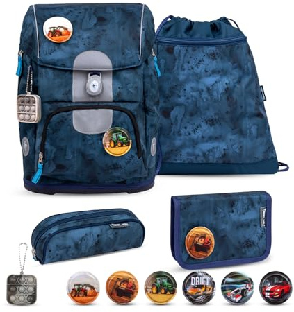 Belmil Motion ergonomisches Schulranzen Set 5-teilig aus recyceltem Material mit Brustgurt, Hüftgurt, Magnetverschluss, Patch Set 6 Stück (405-74/AG/S) (Blue Splash 2025)